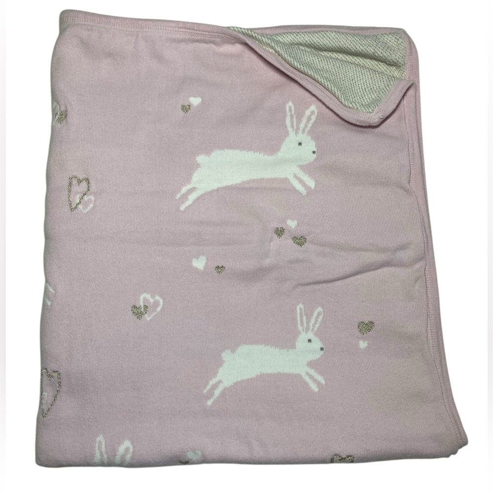 Pottery Barn Kids 2020 Baby Blanket Pink White Bunny Rabbit Gold Hearts 28 x 32‎